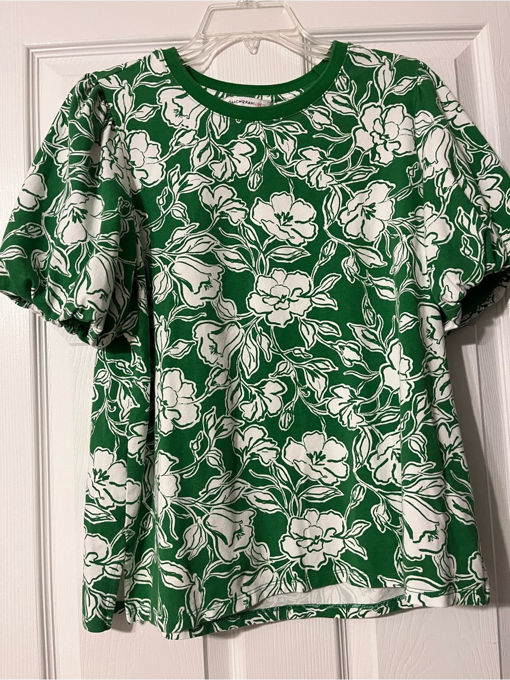 Isaac Mizrahi Green and White Floral Puff-Sleeve Tee